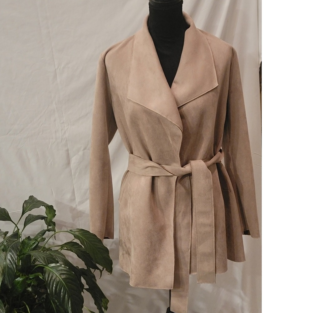 Magaschoni Womens Tan Faux Suede Wrap Jacket Draped Shawl‎ Collar Belted Size M